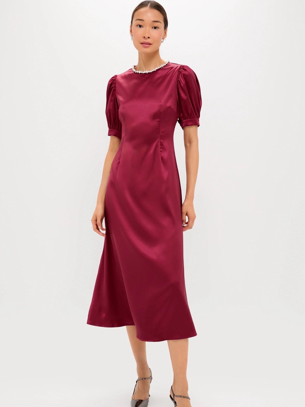 Tuckernuck Burgundy Satin Puff-Sleeve Midi Dress
